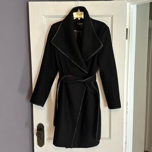 DKNY black belted wool coat with faux leather trim.